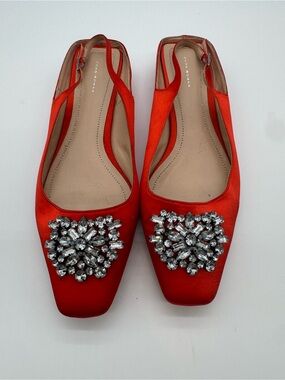 Zara Red Crystal-Embellished Slingback Flats size 9/ 40
